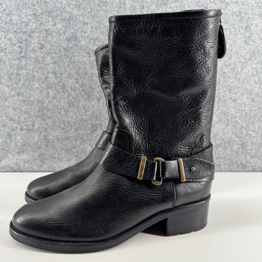 Fiorentini + Baker Boots Women 38 Black Leather Moto Biker Mid-Calf Zip Italy